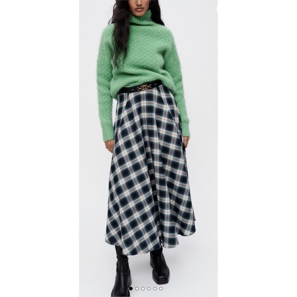 Maje Dresses & Skirts - Maje Green White Checked Tartan Cotton Midi Skirt Women’s Size 36 Small NWT